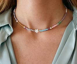 Náhrdelníky - Korálkový náhrdelník s minerálmi, perlami a hviezdičkou (gold filled) - 15598916_
