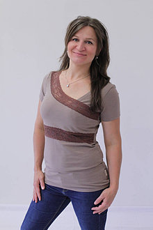 Oblečenie na dojčenie - M vel., SLEVA-  Kojící tričko BAVLNA, krátký rukáv, šikmá krajka - 15600656_