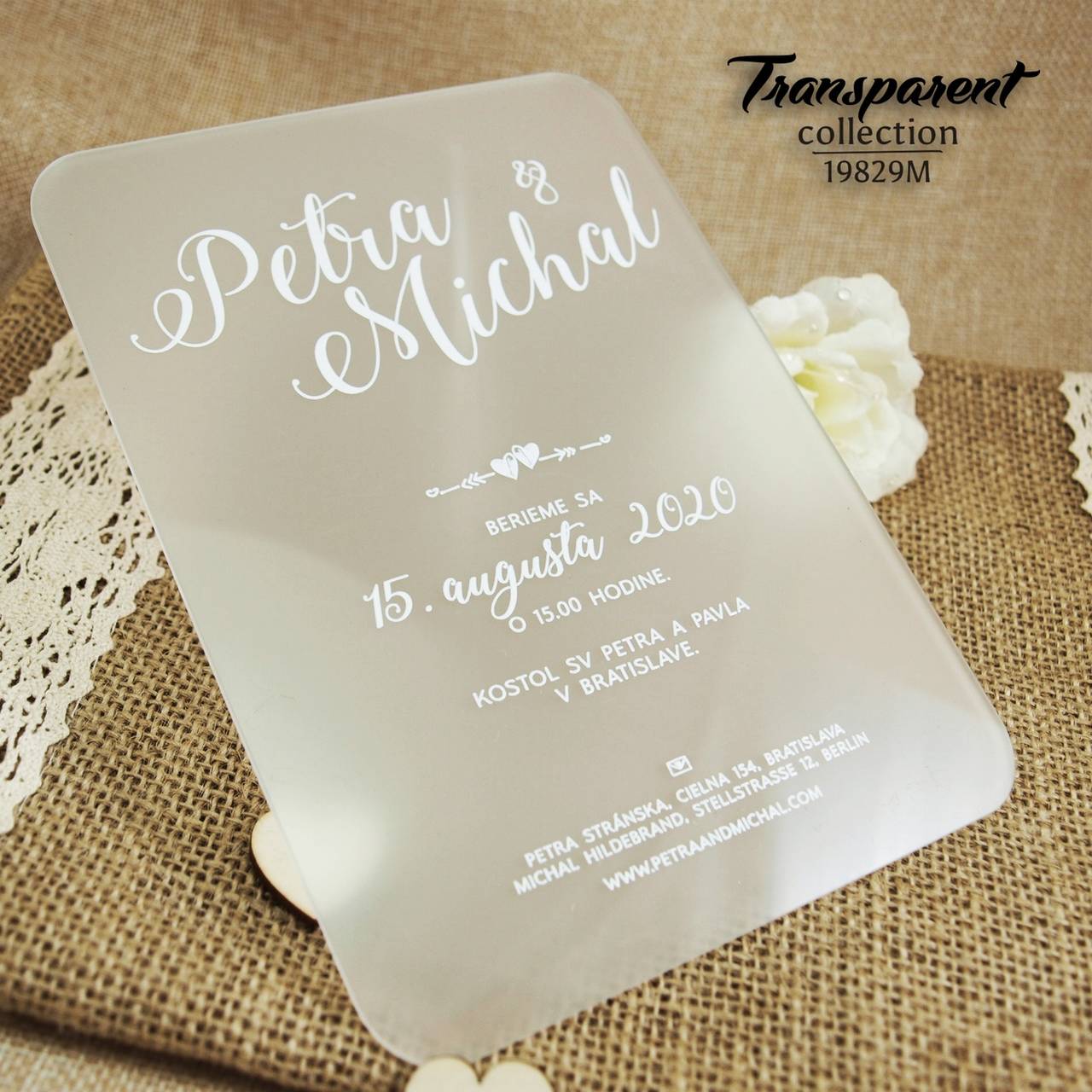 Svadobné oznámenia na transparentnom matnom neohybnom plaste 19829M