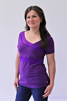 Oblečenie na dojčenie - M vel., SLEVA-  Kojící tričko BAVLNA, krátký rukáv, šikmá krajka - 15604004_
