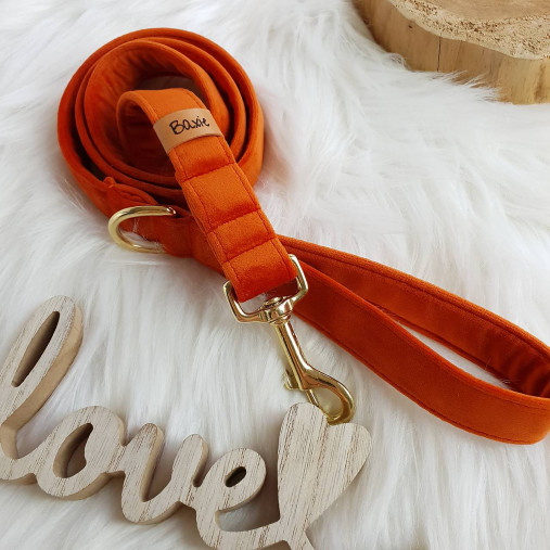  - Baxie ORANGE, oranžové zamatové handmade vodítko pre psa (1,5cm vodítko 150cm) - 15612641_