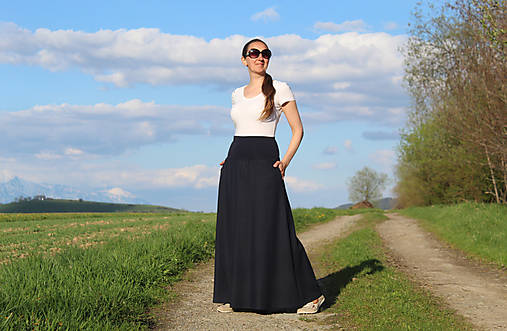 - Maxi tmavomodrá ľanová sukňa (M (obvod bokov 96 - 100 cm)) - 15615221_