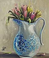 Obrazy - Obraz "Tulipány  v porceláne" - olejomaľba, 23.5x28 cm, zarámovaný - 15616058_