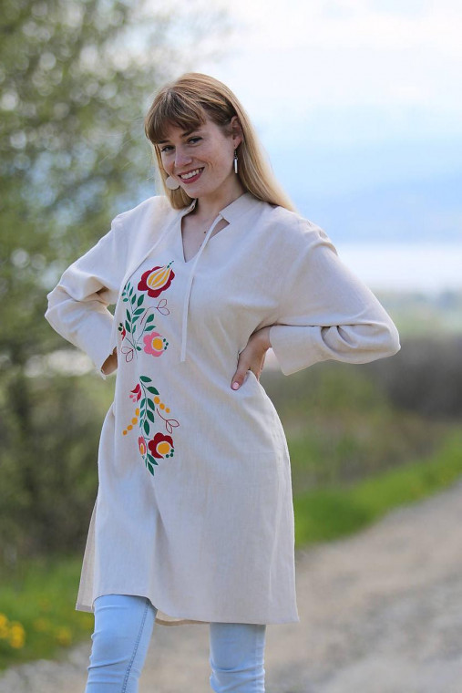 Blúzky a košele - Vyšívaná ľanová slonovinová šato-tunika - 15623199_