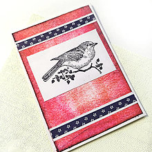 Papiernictvo - Pozdrav vtáča - modrotlač na červenej - pohľadnica - 15629261_