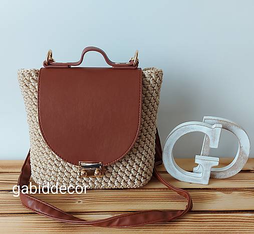  - Handmade háčkovaná kabelka krémová s hnedými komponentami z ekokože  - 15627724_