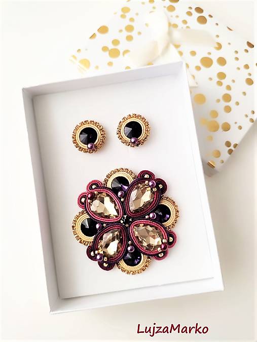 Brošne - Katalina sada v darčekovom balení  (Fialová - bežová) - 15640673_