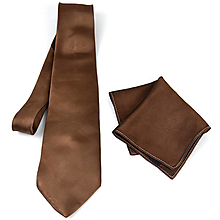 Pánske doplnky - SET Hodvábna kravata + vreckovka v hnedej farbe, ručná výroba - 15642077_