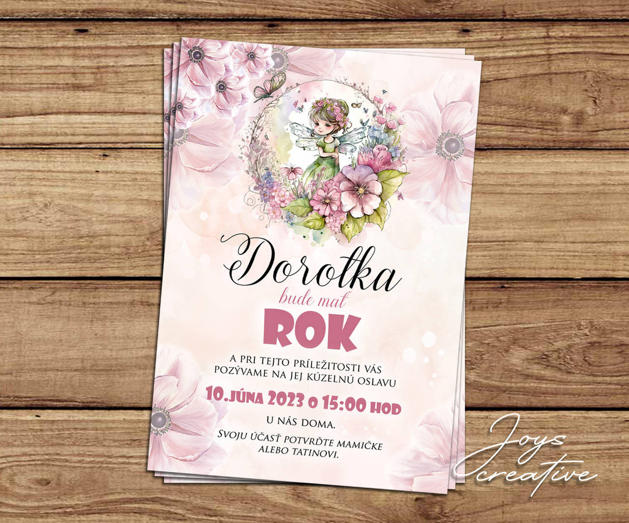 Pozvánka na narodeniny s vílou, ružová s kvetinami
