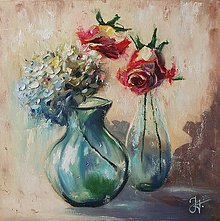 Obrazy - Obraz "Hortenzia a ruže" - olejomaľba na plátne, 40x40 cm - 15644055_