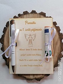Papiernictvo - Drevena pohľadnica s perom a na peniaze k 1. Svätému prijímaniu s anjelom - 15646425_