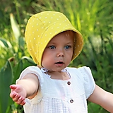 Detské čiapky - Letný detský ľanový čepček bodka na žltozelenej - 15650966_