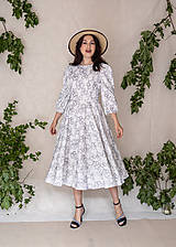 Šaty - Biele ľanovo-viskózové vyšívané šaty s kruhovou sukňou a riasenými rukávmi (Artemisia) - 15649678_