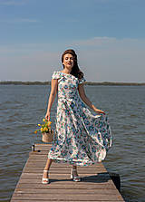 Šaty - Bavlnené béžové šaty s kvetovaným vzorom a maxi kruhovou sukňou (Artemisia) - 15649821_