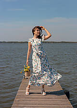 Šaty - Bavlnené béžové šaty s kvetovaným vzorom a maxi kruhovou sukňou (Artemisia) - 15649822_