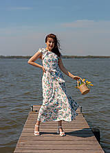 Šaty - Bavlnené béžové šaty s kvetovaným vzorom a maxi kruhovou sukňou (Artemisia) - 15649823_