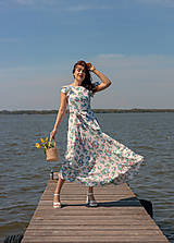Šaty - Bavlnené béžové šaty s kvetovaným vzorom a maxi kruhovou sukňou (Artemisia) - 15649827_