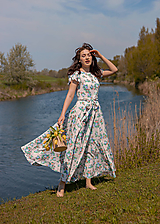 Šaty - Bavlnené béžové šaty s kvetovaným vzorom a maxi kruhovou sukňou (Artemisia) - 15649831_
