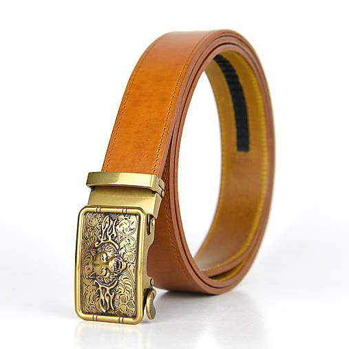 Opasky - Kožený opasok s automatickým zapínaním OLD GOLD WOLF (Oranžová) - 15653932_