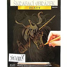 Iný materiál - Škrabací obrázok, 20x25 cm  (zlatý, jednorožec s motýľmi) - 15656274_