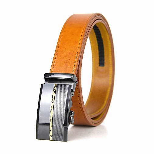 Opasky - Kožený opasok s automatickým zapínaním GOLD LINE (Oranžová) - 15655532_