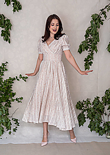 Šaty - Béžové bavlnené šaty s kvietkami s riasenou kruhovou sukňou ( Fulgensia) - 15654948_