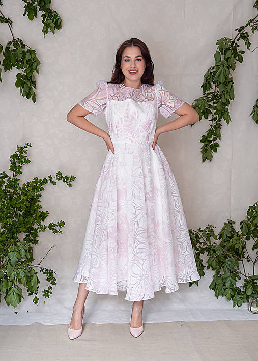 Bielo-ružové organzové šaty s maxi kruhovou sukňou (Alisma)