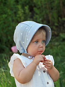 Detské čiapky - Letný detský ľanový čepiec bodka na šedej - 15660434_