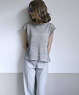 Topy, tričká, tielka - ľanový top- modrošedobéžový - 15660936_