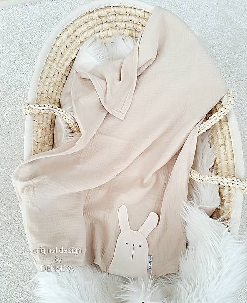 Úžitkový textil - BASIC béžová mušelínová plienka so smotanovým zajkom 65x90cm  - 15665485_