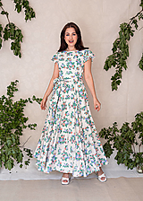 Šaty - Bavlnené béžové šaty s kvetovaným vzorom a maxi kruhovou sukňou (Artemisia) - 15663948_