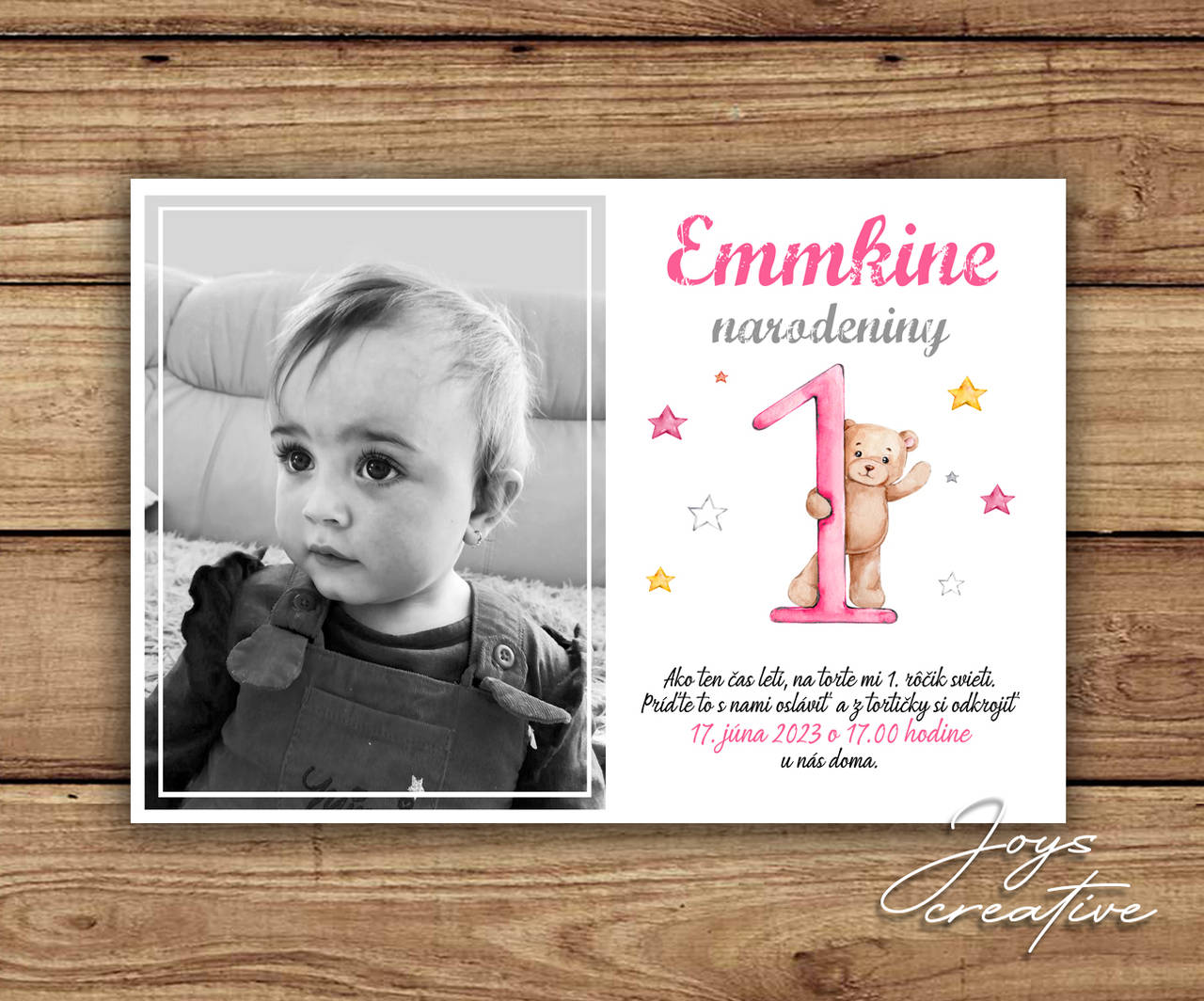 Pozvánka na 1. narodeniny s macíkom a fotkou (dievčenská)
