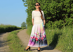 Sukne - Dlhá úpletová sukňa "akvarelové kvetiny" - 15681981_