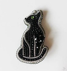 Brošne - Handmade šitá korálková brošňa čierna mačka - 15685741_