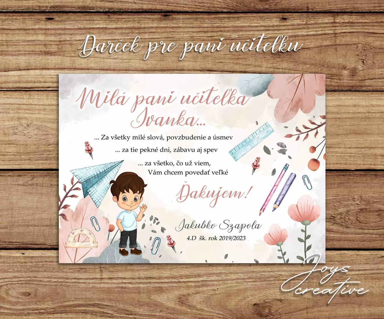 Darček pani učiteľke na koniec školského roka od jednotlivca (chlapec)