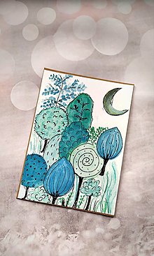 Papiernictvo - akvarelová pohľadnica  (Blue forest and the moon.. maľovaná pohľadnica) - 15689395_