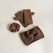 Čiapky, čelenky, klobúky - Set: čelenka, rukavice a gumička do vlasov/ viac farieb (Hnedá / čokoládová) - 15690170_