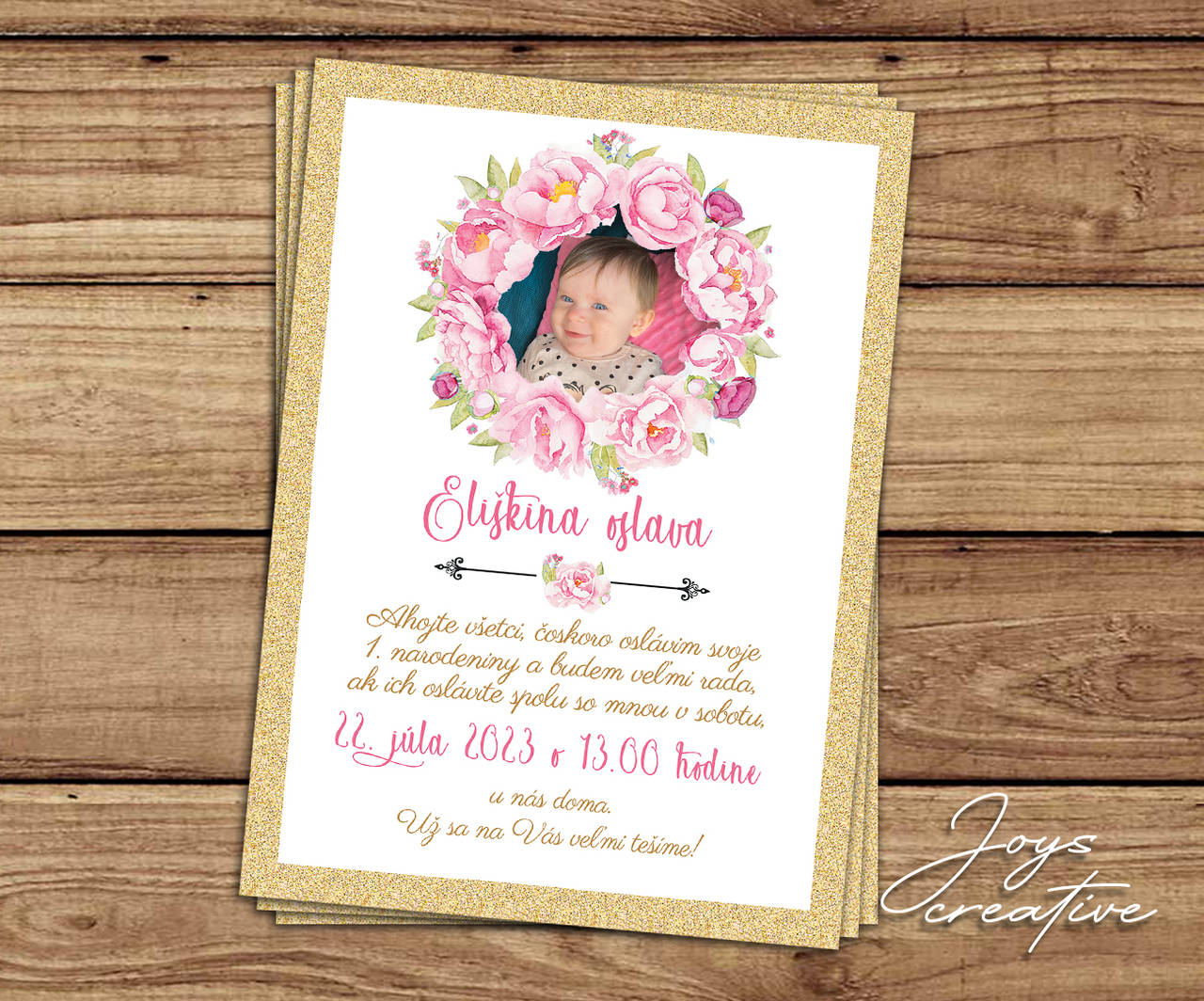 Pozvánka na narodeniny, detská pozvánka (Zlatá s kvetmi)