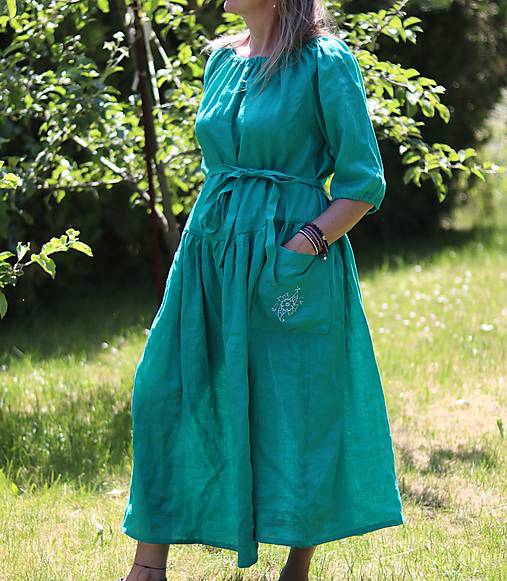 Lněné šaty, zelenomodré