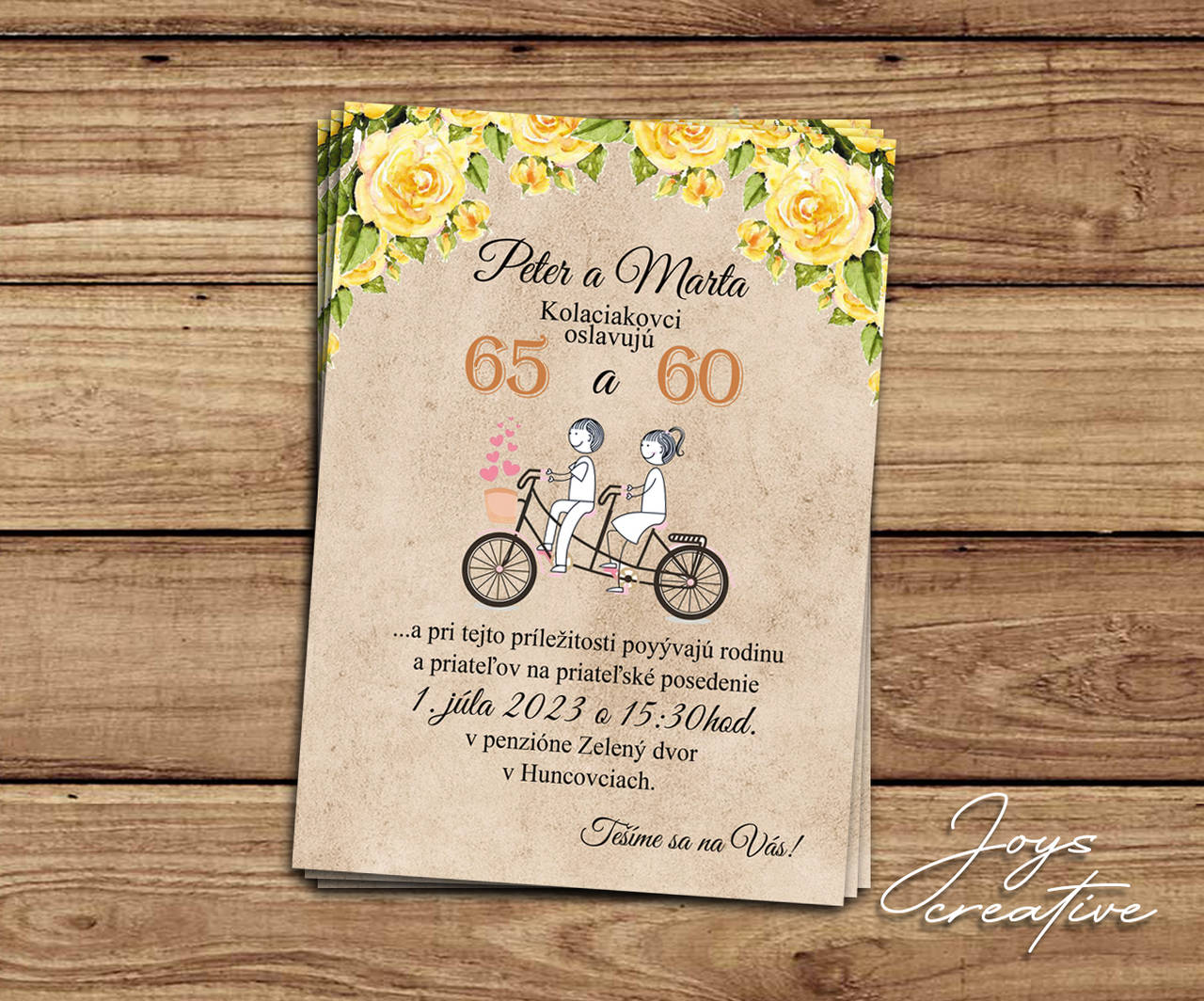 Pozvánka na spoločnú oslavu narodenín s bicyklom (hnedé pozadie -iný text)