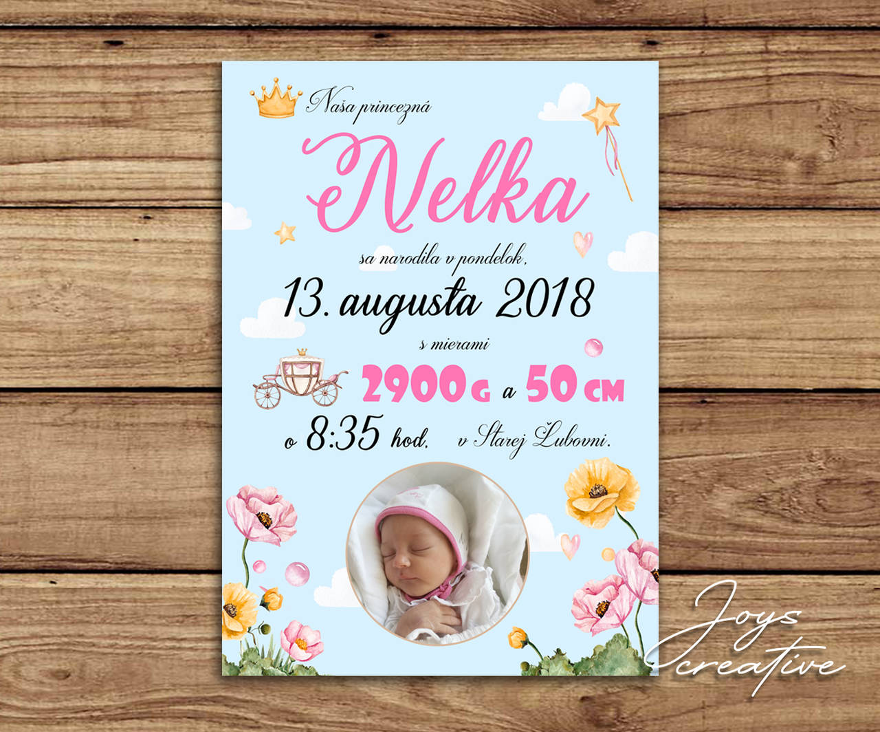 Detská tabuľka, tabuľka pre dieťa s údajmi o narodení dieťatka (modré pozadie Princess)