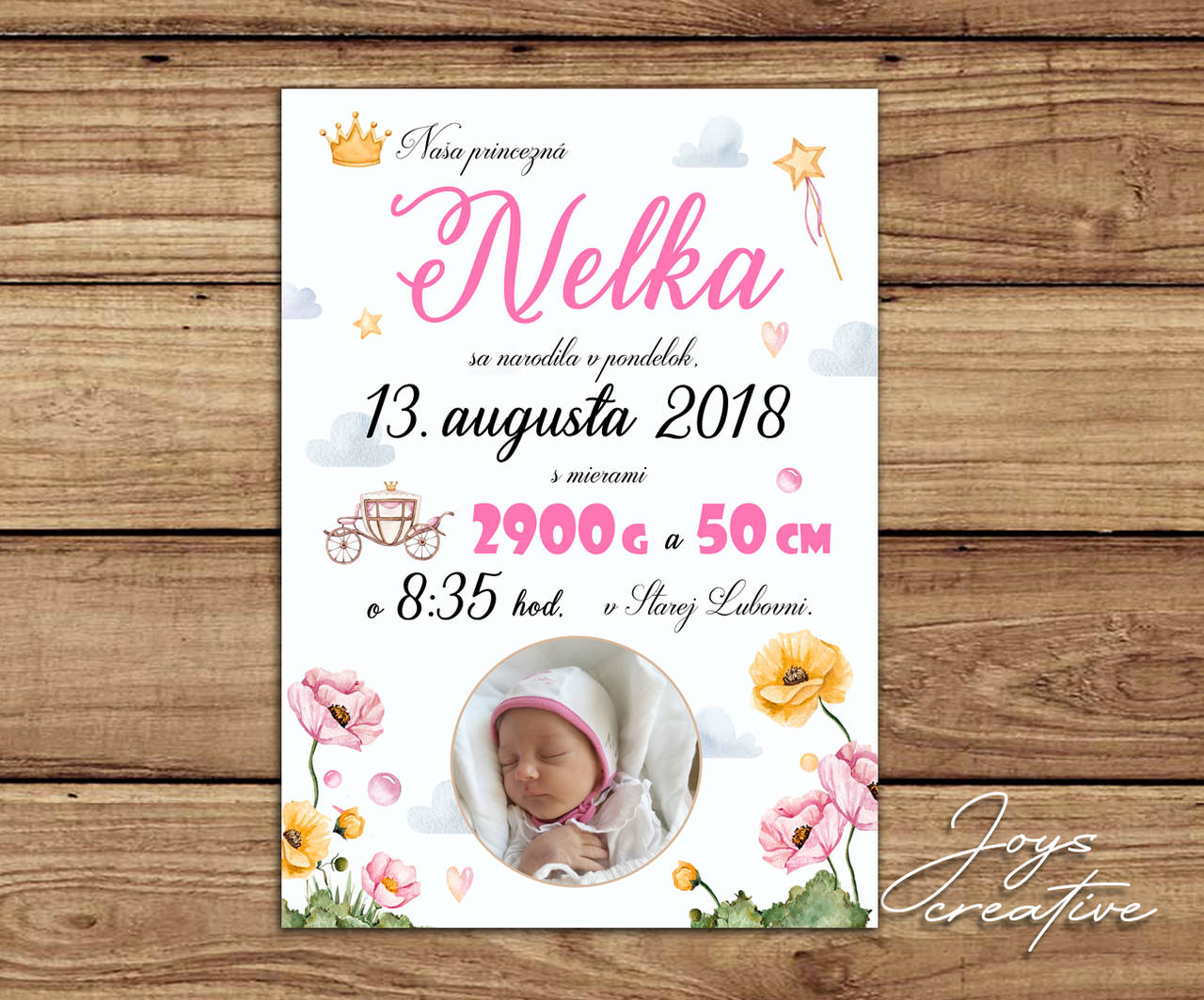 Detská tabuľka, tabuľka pre dieťa s údajmi o narodení dieťatka (biele pozadie Princess)