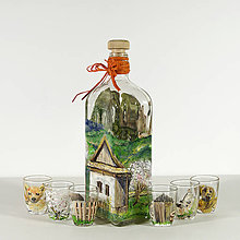 Nádoby - Maľovaná fľaša a poháre s príbehom - Chalupa a hrad - 15698586_