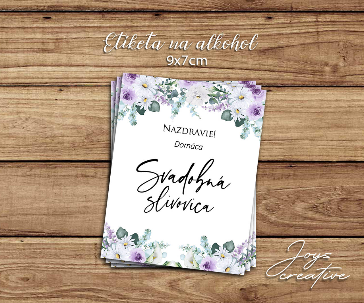 Samolepiace svadobné etikety na víno v dizajne s fialovými kvetmi  (kvetiny s margarétkami)