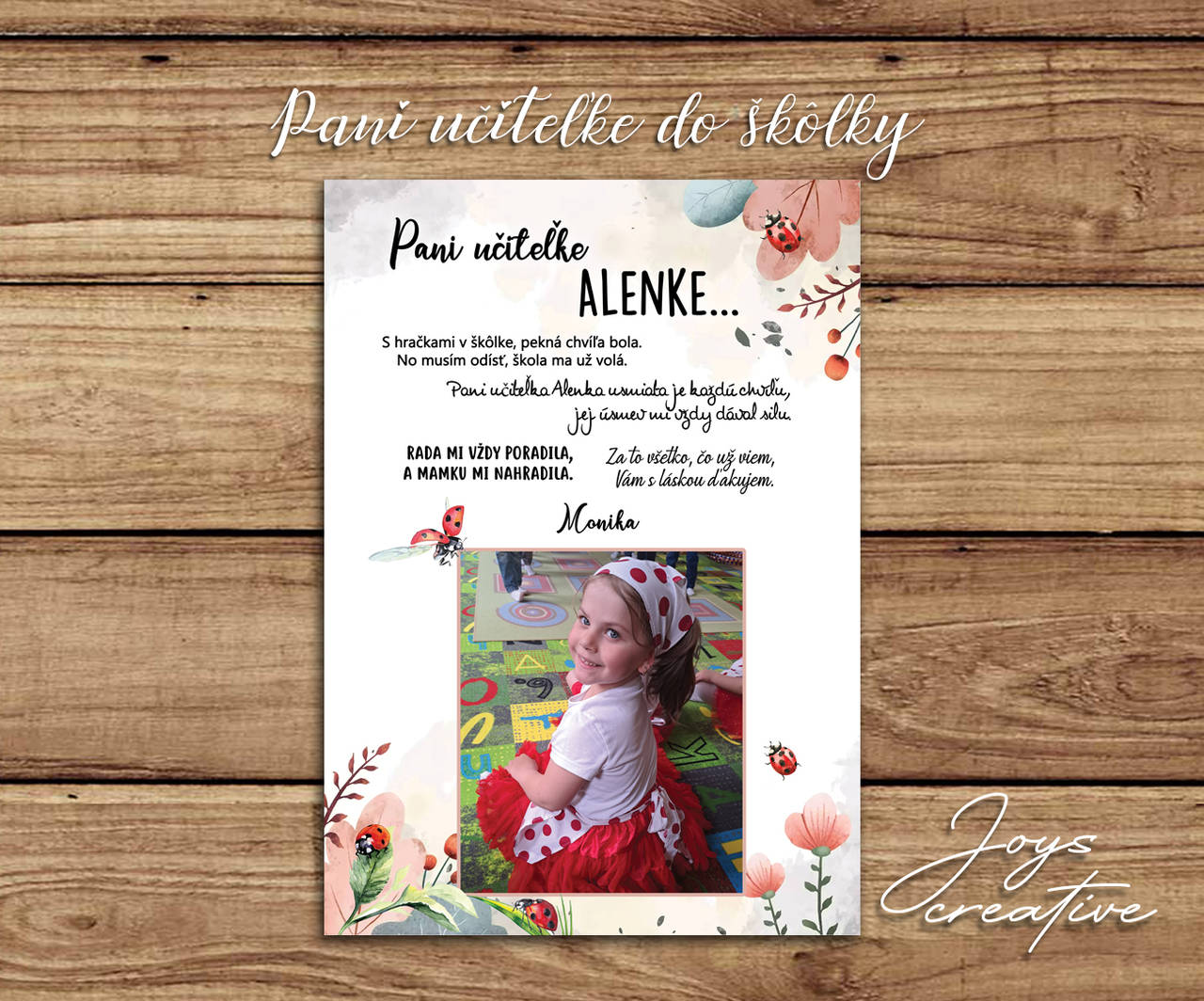 Poďakovanie na koniec školského roka, tabuľa s fotkou pre pani učiteľku (lienky s fotkou)