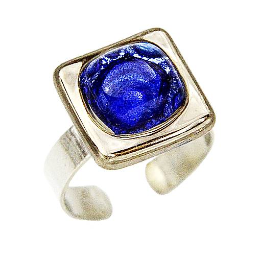 Dámsky prsteň modrý, české bublinkové sklo zdobené platinou, chirurgická oceľ