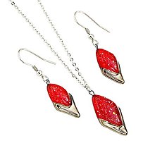 Sady šperkov - Sada šperkov červená, tvar kvapka, sklo, platina, trblietky - 15712308_
