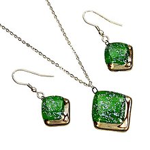 Sady šperkov - Sada šperkov zelená, sklo, platina, trblietky, chirurgická oceľ 316L - 15712310_