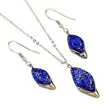 Sady šperkov - Sada šperkov modrá, tvar kvapka, sklo, platina, trblietky, chirurgická oceľ 316L - 15712318_