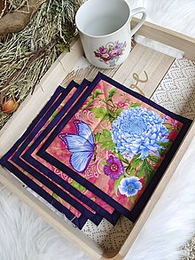 Úžitkový textil - Podkávičko - sada 4 kusov - Vážky a motýle s temne fialovou - 15712725_